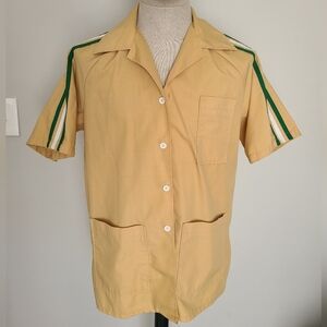 Vintage Jantzen USA Shirt Short Sleeve Collared Uniform Bowling Style Stripe Tan